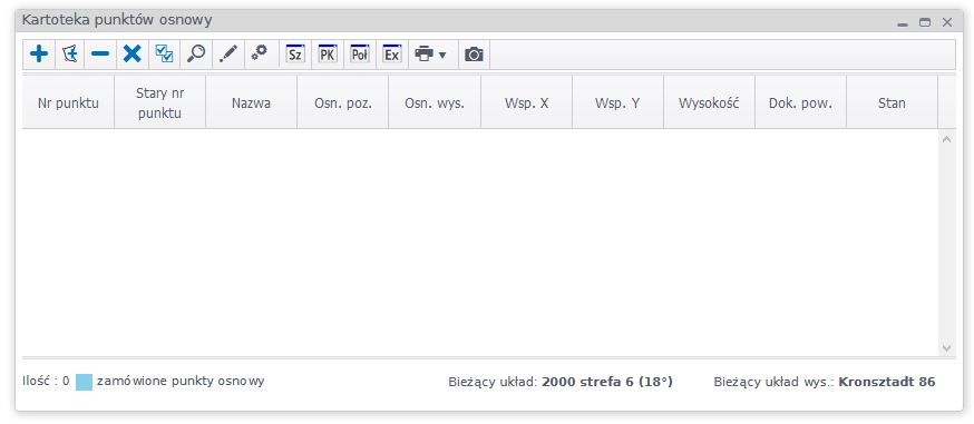 Widok okna kartoteki punktów osnowy