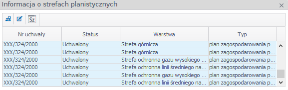 Widok okna informacji o strefach planistycznych